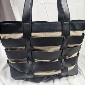 French Connection Black and Tan Woven Tote Bag